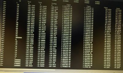 A screen displaying columns of numerical data and codes.