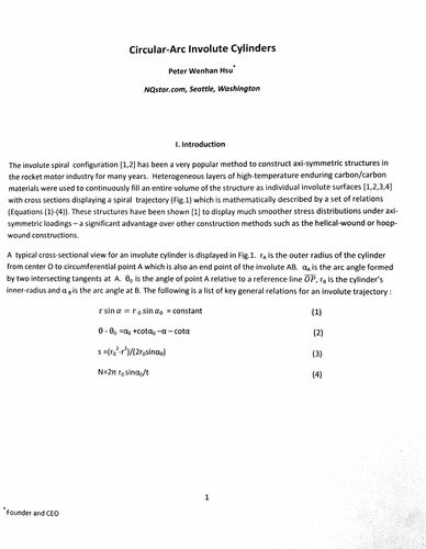 Title page of a technical document on Circular-Arc Involute Cylinders by Peter Wenhan Hsu.