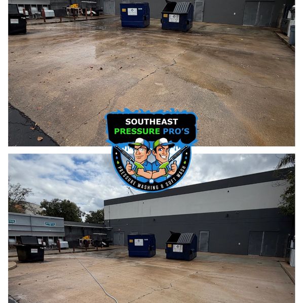 Before and after pressure washing a concrete surface near dumpsters.