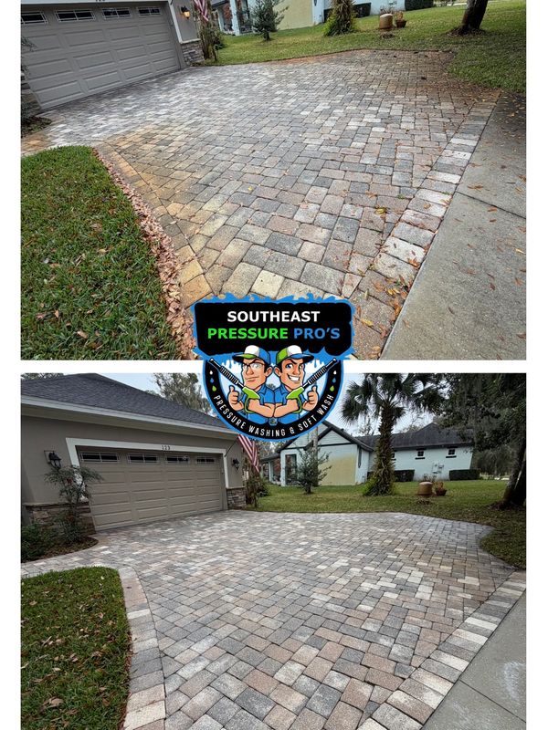 Before and after pressure washing of a driveway with pavers.