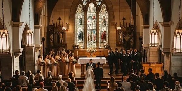 A wedding ceremony taking place in a grand church with stained glass windows.