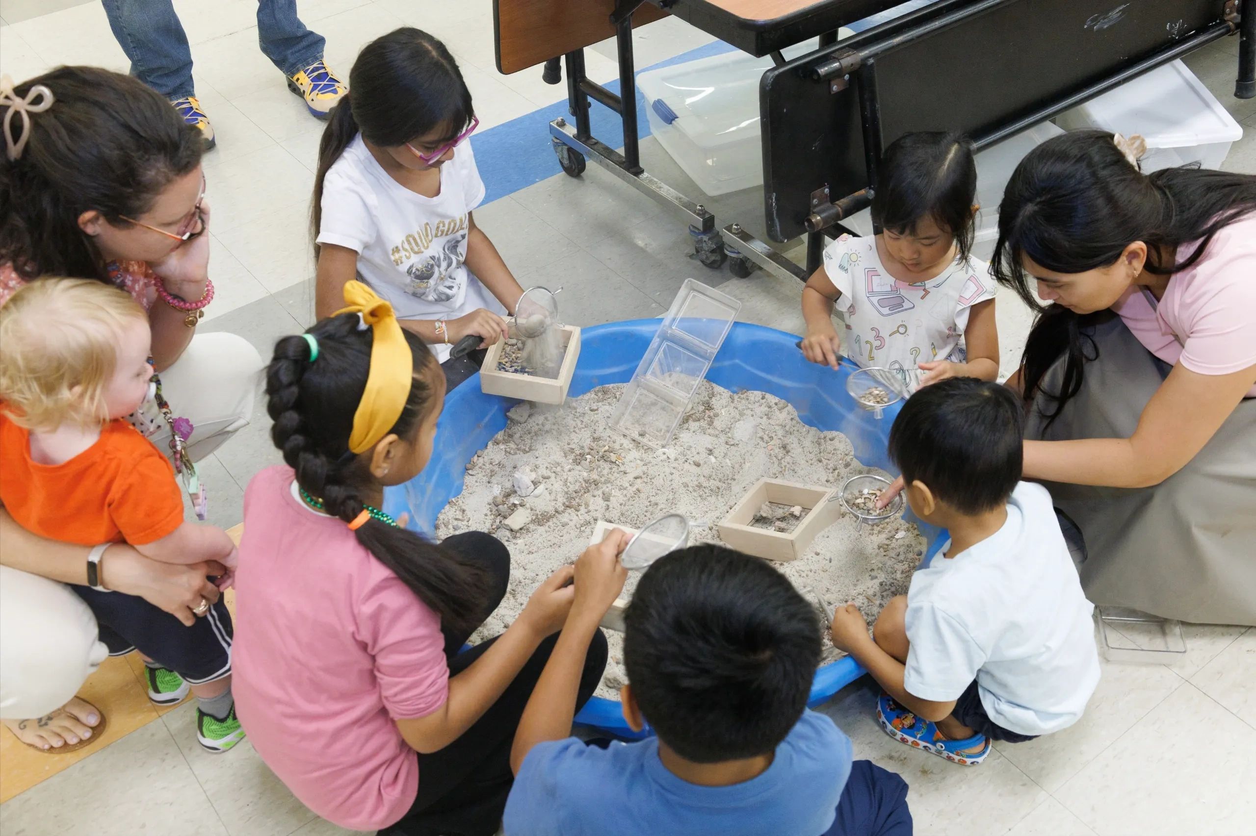 Children and adults exploring sand and shells in a classroom activity.