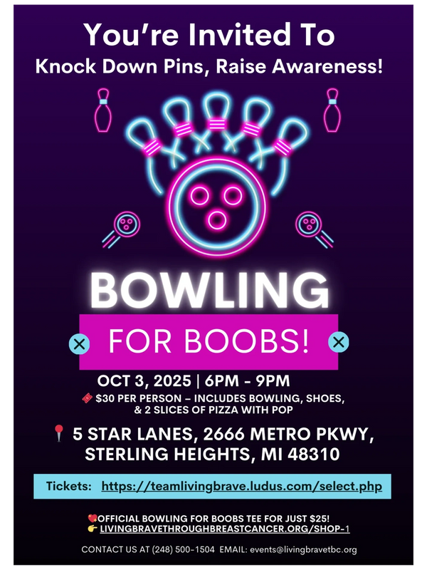 6th Annual BOWLING FOR BOOBS
Sweetest Day Edition!!!
Knock Down Pins, Raise Awareness!
