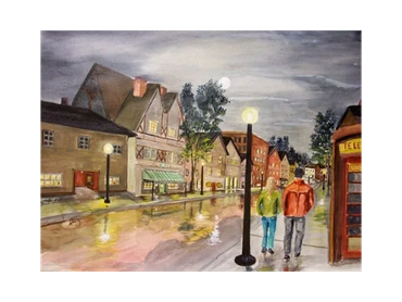 Painting of a couple walking at night in a rainy street.