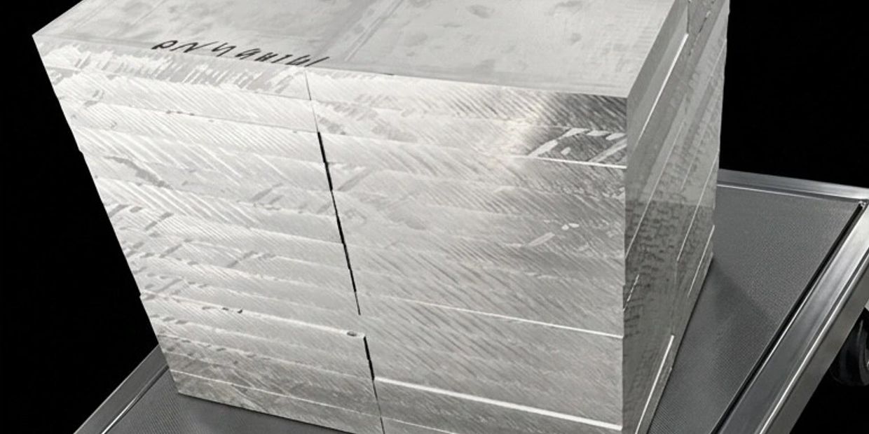 Shiny metallic cube on a trolley against a black background.