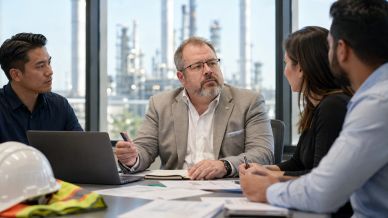 Group discussing business at office with industrial background.