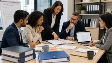 Business team collaborating over project documents in a meeting.