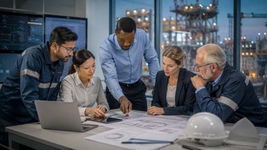 Diverse team reviewing blueprints around a table.