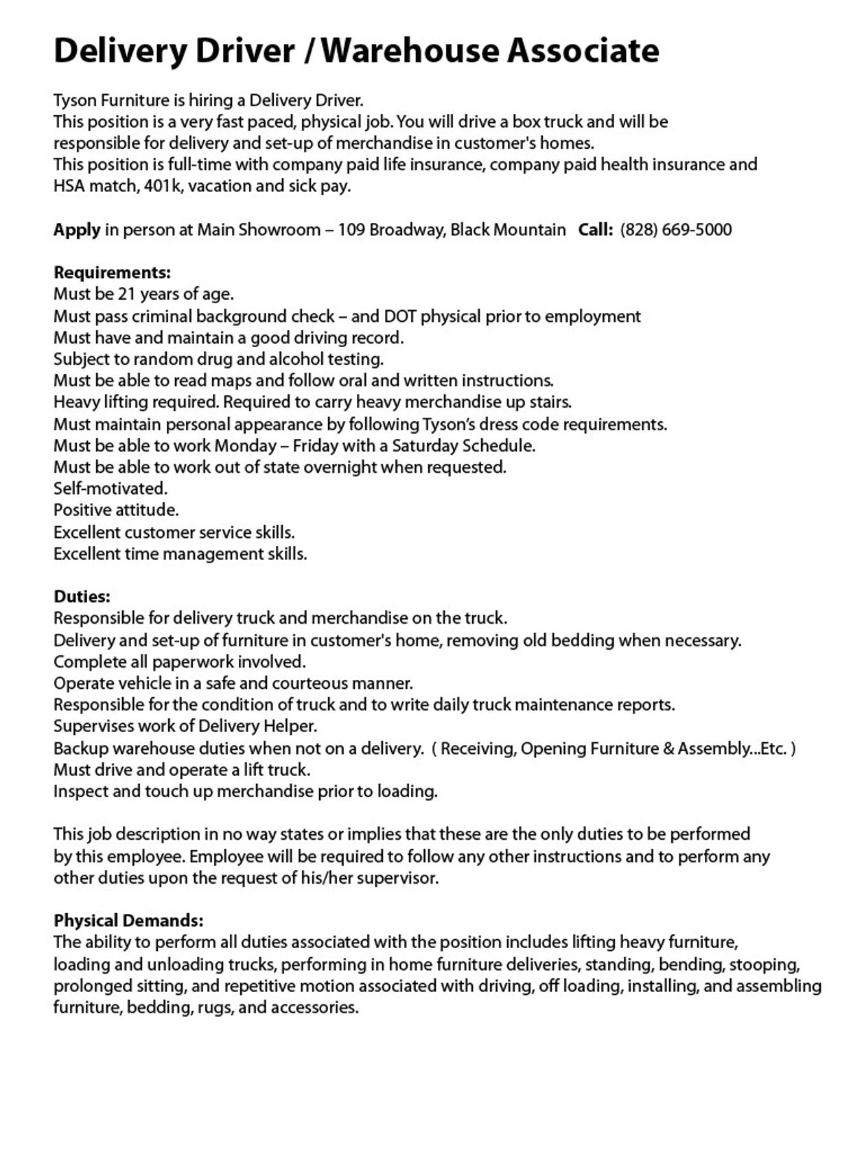 Job posting for Delivery Driver/Warehouse Associate at Tyson Furniture with detailed requirements and duties.