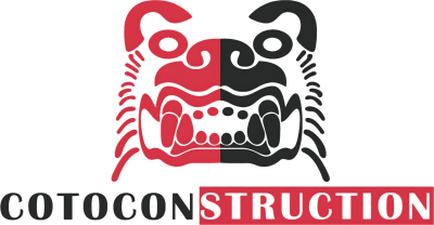 Logo of 'Cotoconstruction' with a half red and half black stylized face design.