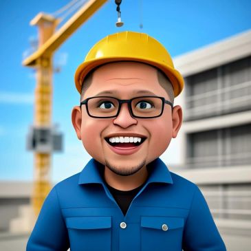 Cartoon construction worker smiling with hard hat and glasses.