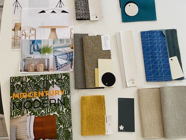 A collection of mid-century modern fabric swatches and interior design inspiration photos.