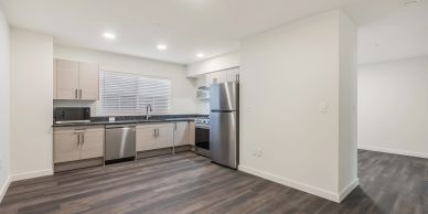 Modern kitchen with stainless steel appliances and wood flooring.