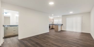 Empty modern living space with kitchen and bathroom.