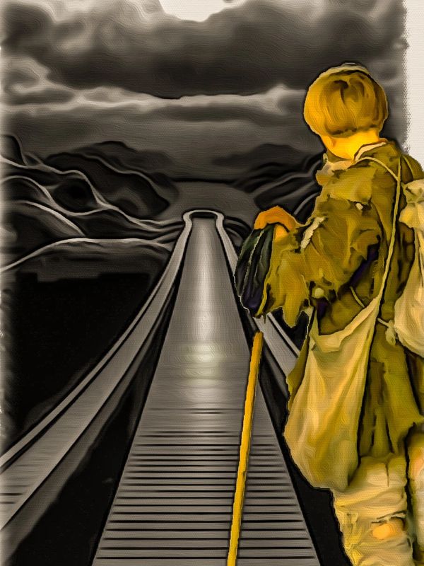 A lone traveler walks a wooden path under a full moon.