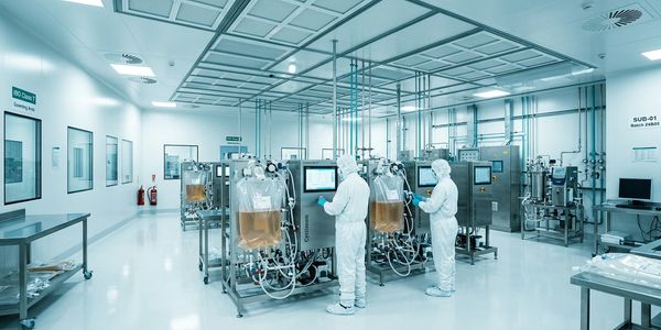 Workers in protective suits operate bioreactors in a sterile lab environment.