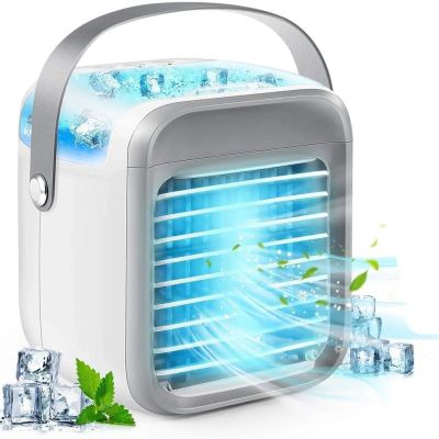 Portable air cooler blowing cool air with ice cubes.