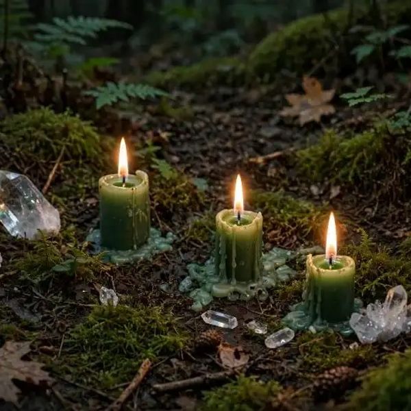 Three green candles and crystals prepared for triple-cast lottery rituals.
