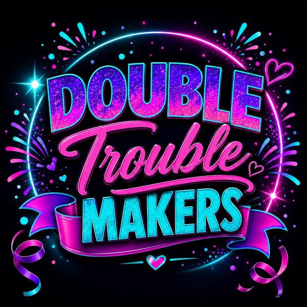Vibrant neon text reading 'Double Trouble Makers' with decorative hearts and ribbons.