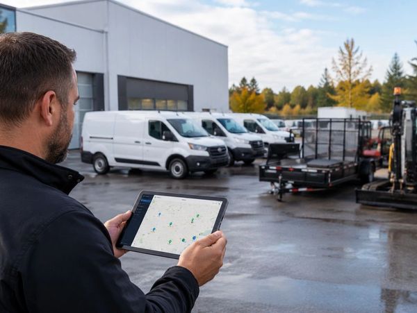 Fleet manager checking vehicle locations on a tablet beside parked vans, trailers and equipment.