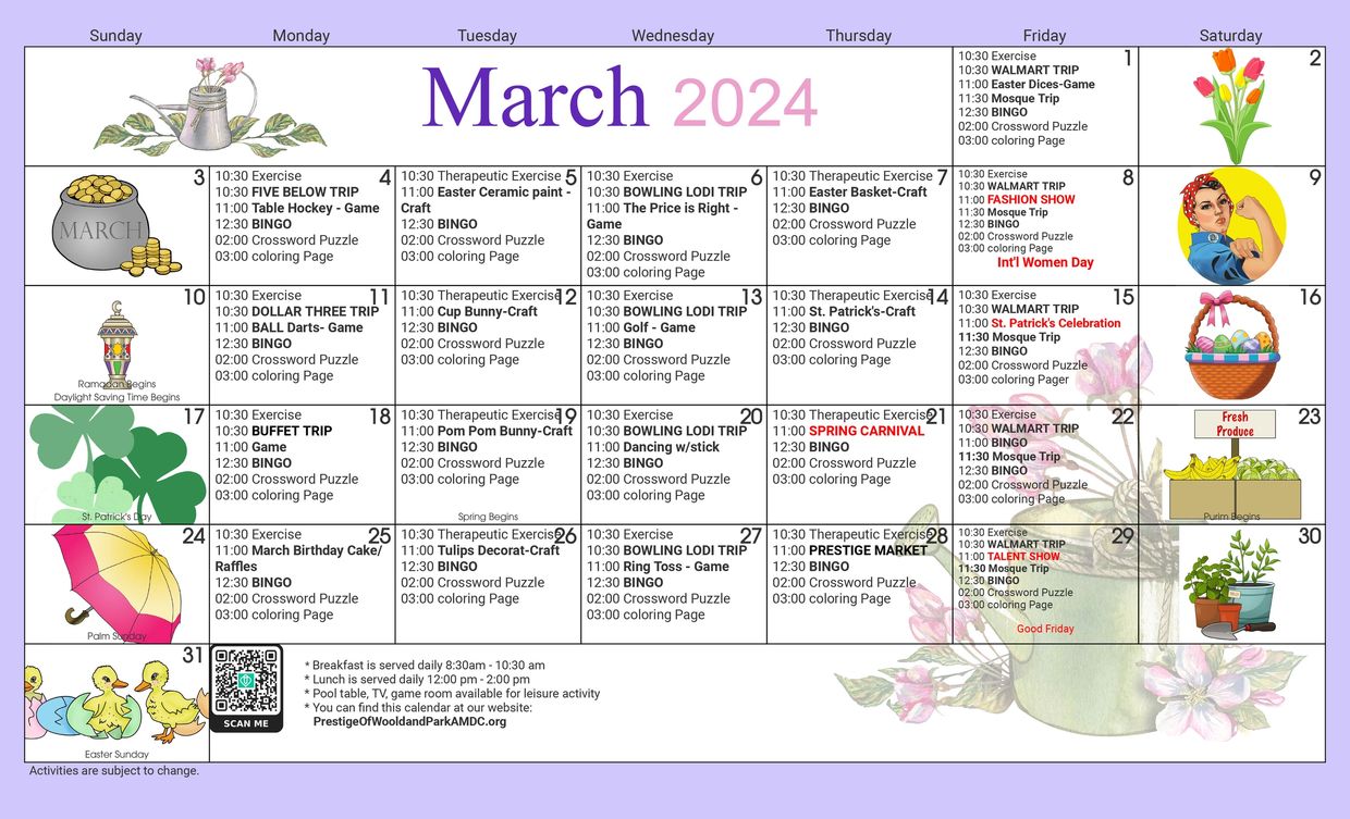 Activity Calendar | PRESTIGE OF WOODLAND PARK Adult Medical Day Care Center