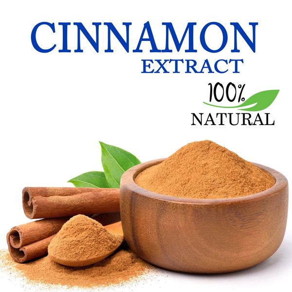 Natural cinnamon extract in powder and stick form with green leaves.