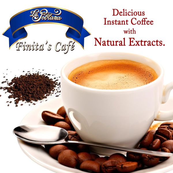 A cup of instant coffee with coffee beans and grounds beside it.