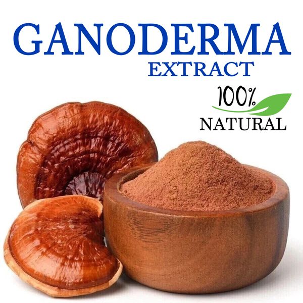Ganoderma extract powder with natural mushroom pieces, labeled 100% natural.