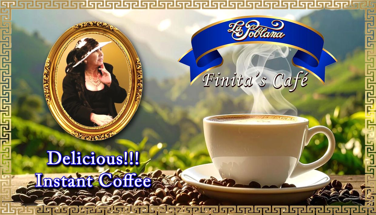 Steaming cup of instant coffee with a scenic background and a vintage portrait frame.