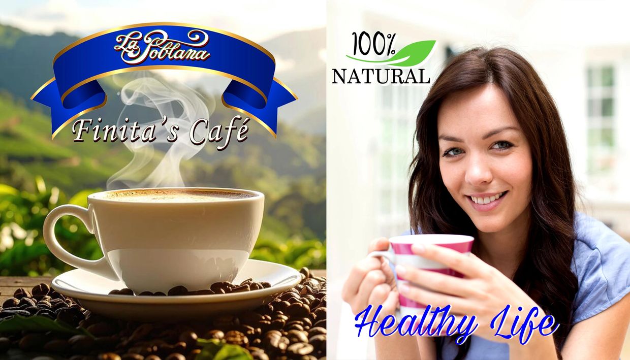 A steaming cup of coffee and a smiling woman enjoying a natural, healthy life.