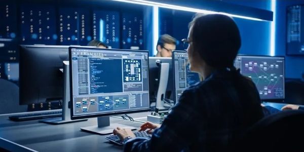 Person working on multiple computer screens in a high-tech office.