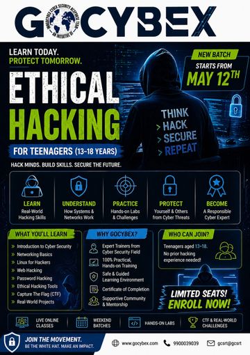 Ethical hacking course for teenagers starting May 12th, teaching cybersecurity skills.