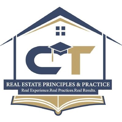 The CT Real Estate Principles and Practice logo. A blue and tan color scheme depicting a house logo.