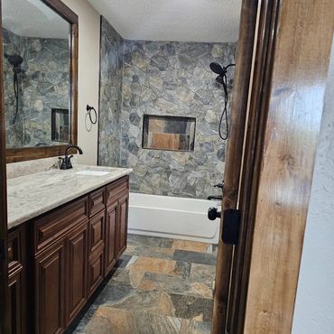 New Bathroom Update, New Tile Flooring and Bath tubs walls Surrounding, New vanity install