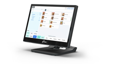 A touchscreen point-of-sale system displaying menu items and order options.