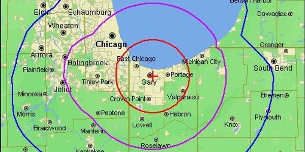 Map showing Chicago and surrounding cities with concentric circles.