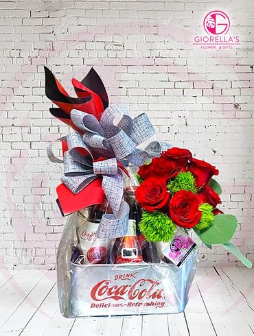 Coca Cola aluminum bucket
Glasses, Coca Cola 
Pop corn, pretzels
And bouquet of red roses