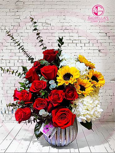 Beautiful Ceramic vase with
Dozen of Roses hydrangeas, 
sunflowers and eucalyptus  