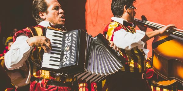Musicians playing accordion and bass in colorful attire.