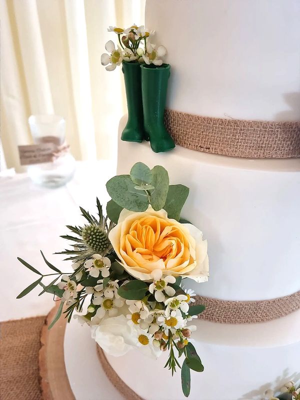 Bespoke Wedding Cake with handmade wellies, a true Somerset Wedding Cake