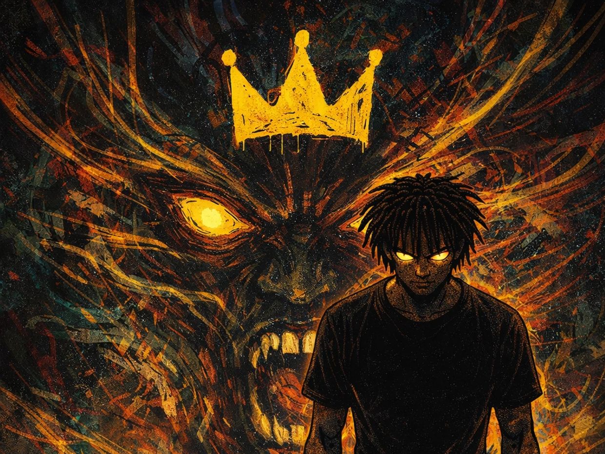 Dark figure with glowing eyes stands before a fiery monstrous face and a dripping crown.