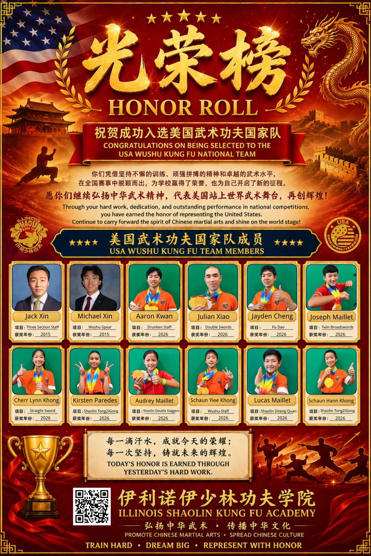 Honor roll of USA Wushu Kung Fu National Team members with photos and achievements.