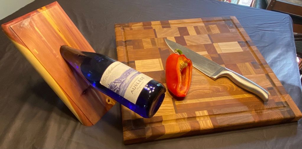 Wine bottle holder, end grain cutting board.