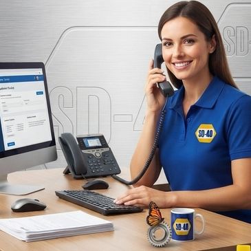 Smiling woman on the phone at an office desk.