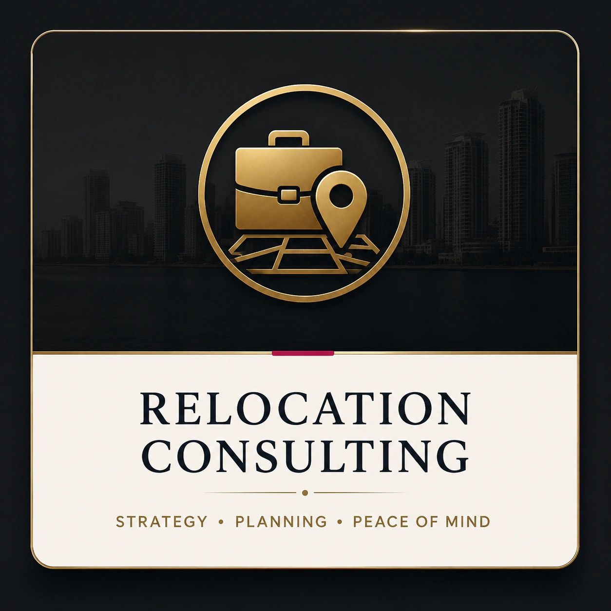 Elegant relocation consulting logo with a gold briefcase and location pin.