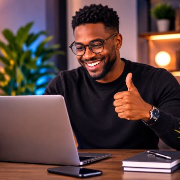 Man smiling and giving thumbs up while using laptop.