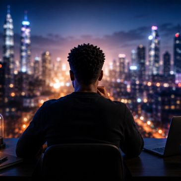 Person looking at city skyline at night.