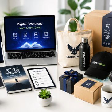 Digital resources and merchandise on a desk.