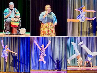Collage of cultural performances including drumming, singing, dancing, and acrobatics on stage.