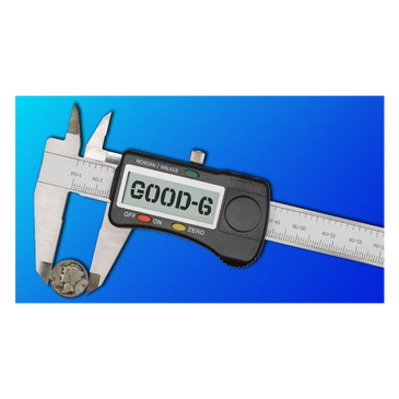 Digital caliper measuring a small gear with 'GOOD-G' displayed.
